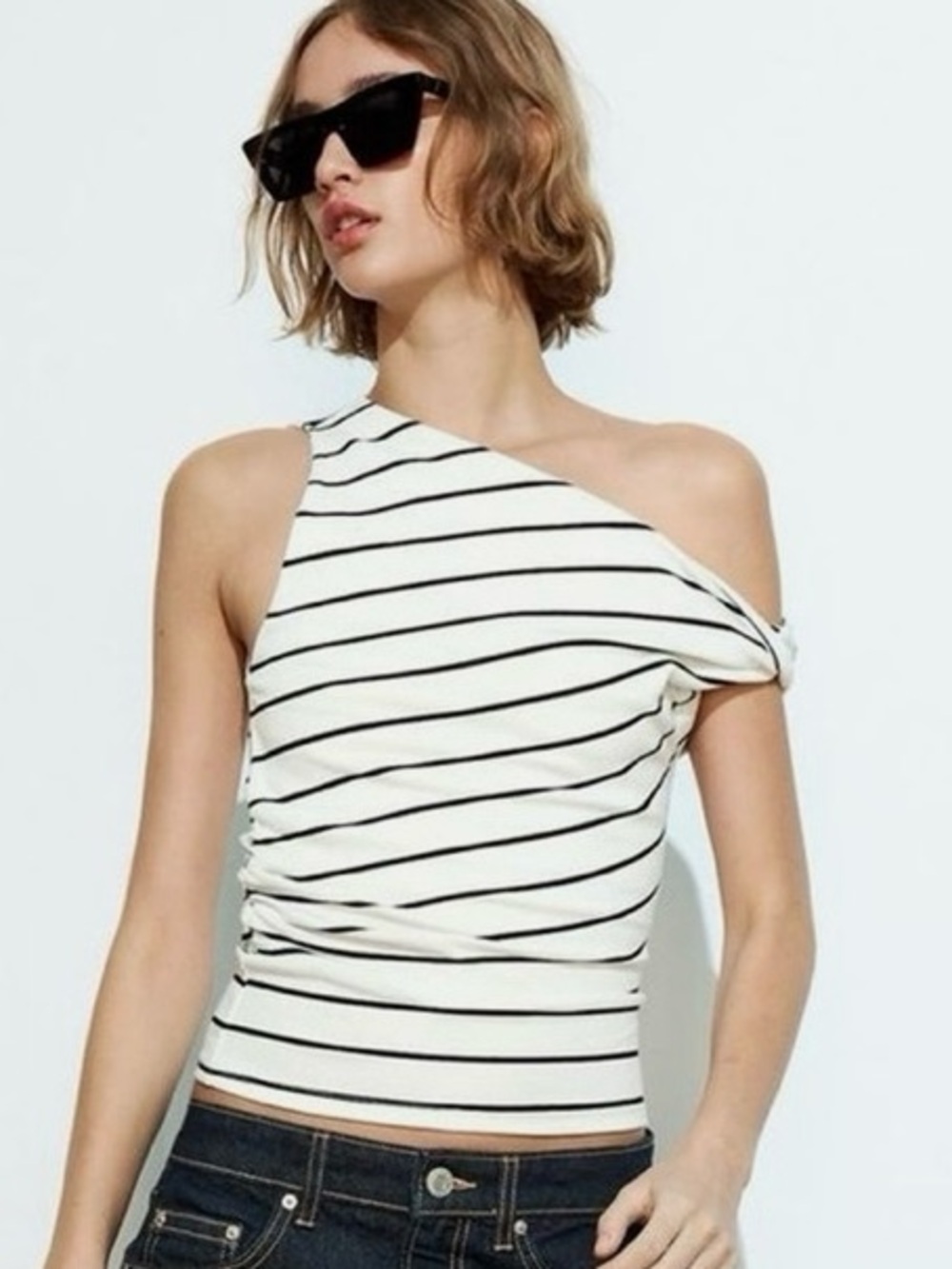 ZARA Asymmetrical Ruched Striped Top Size L